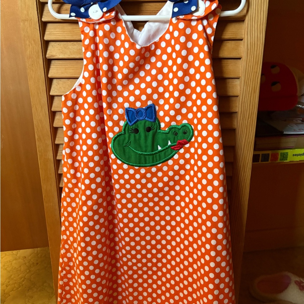Orange Polka Dot Dress with Green Alligator Applique